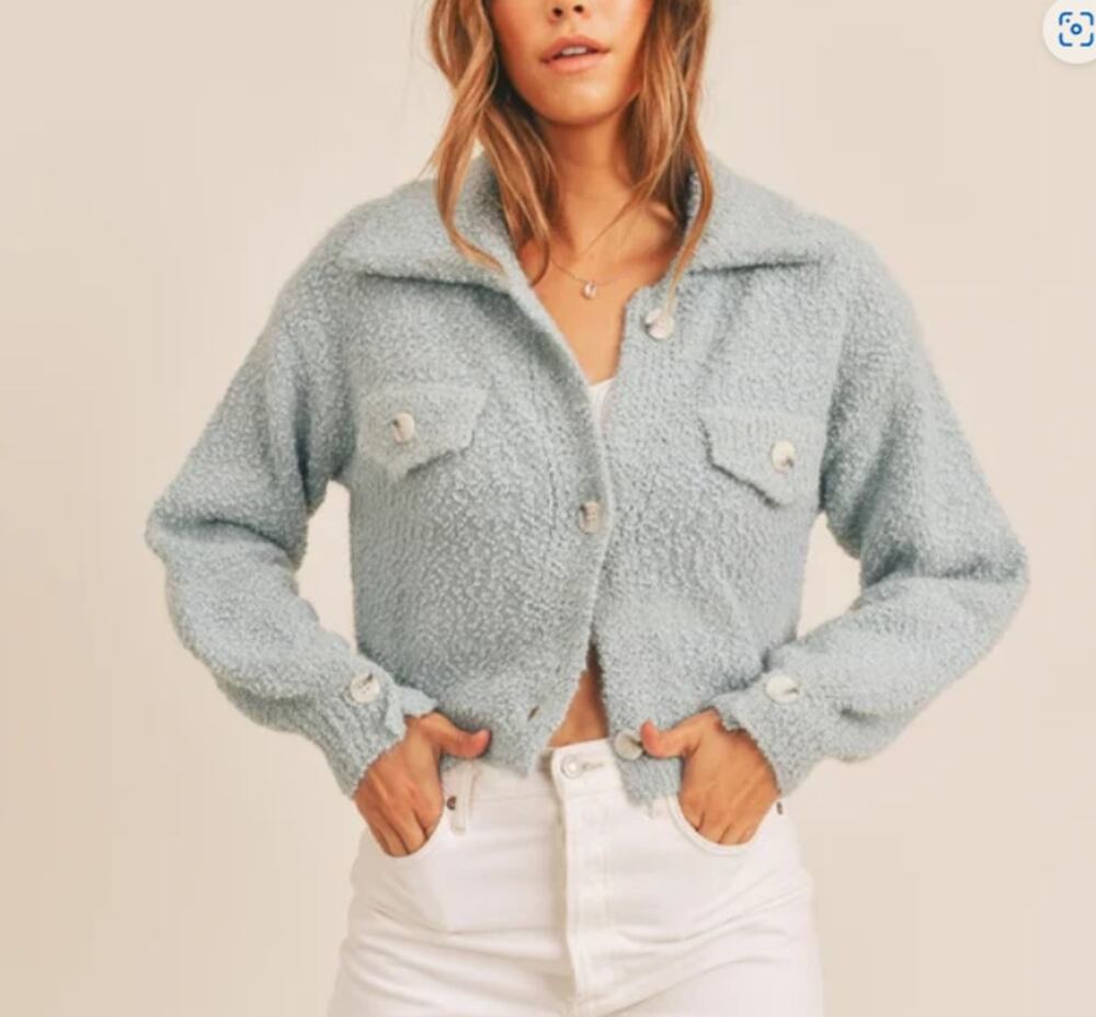 W.A.P.G. Fuzzy Crop Sweater Jacket Dusty Blue Sz S